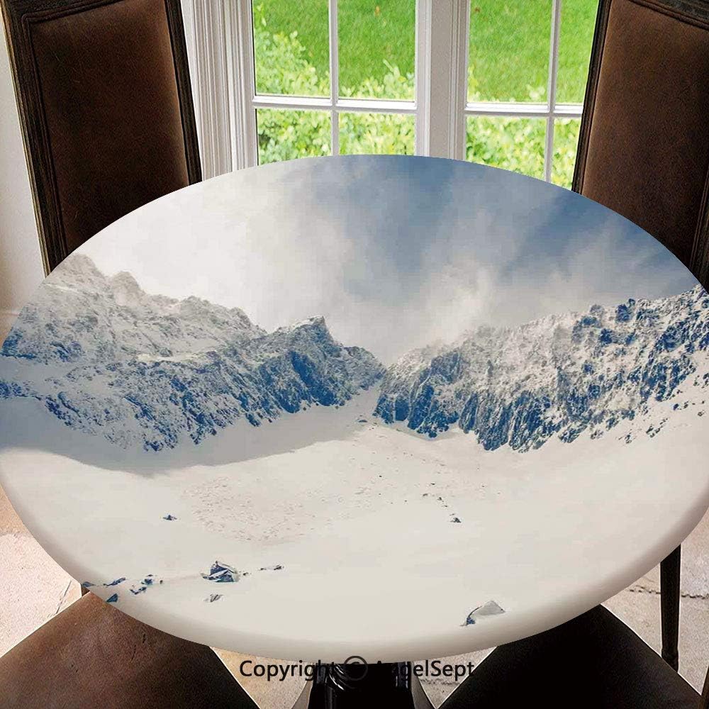 Elastic Edged Round Tablecloth Fantasy Lands on Top of the World with Snowy Cliffs and Stones Alps Decor Polyester Washable Table Cover Kitchen Restaurant Party Decoration, Round - 63",White