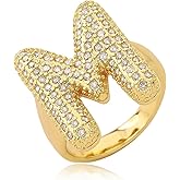 KELMALL Gold Plated Bubble Initial Rings for Women - CZ Rhinestone A-Z Letter Adjustable Chunky Statement Rings - Personalized Alphabet Jewelry Gift