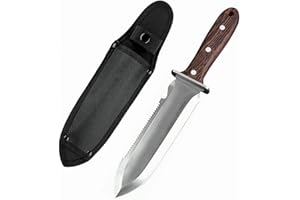NUOSWEK Hori Hori Garden Knife, 7 inch Stainless Steel Blade, Heavy Duty Soil Knife for Gardening with Sheath, Gardening Trowel with Rope Cutter (Brown wood)
