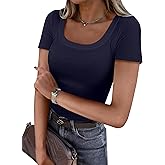Women's Short Sleeve Tops Casual Scoop Neck Ribbed Knit Slim Fitted Basic Tee Shirts 2025 Summer Trendy Outfits