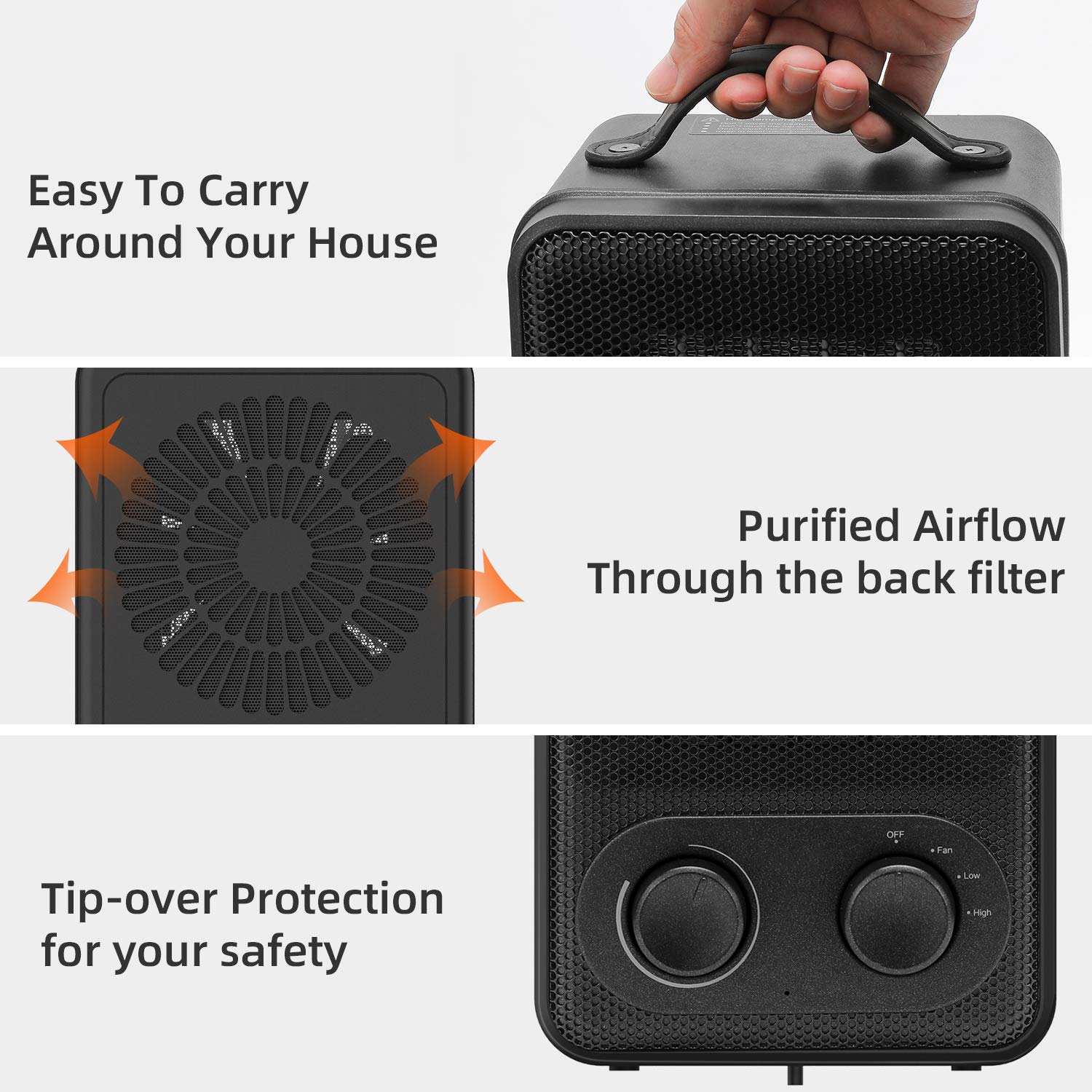 Heizlüfter Energiesparend Keramik Heizung 1800W/900W Kleiner Heizgerät 3 Heizstufe, 1s Aufheizen, Überhitzungs- Umkipps-Schutz, Oszillation, für Haus, Büro, Badezimmer, Baby - Uverbon