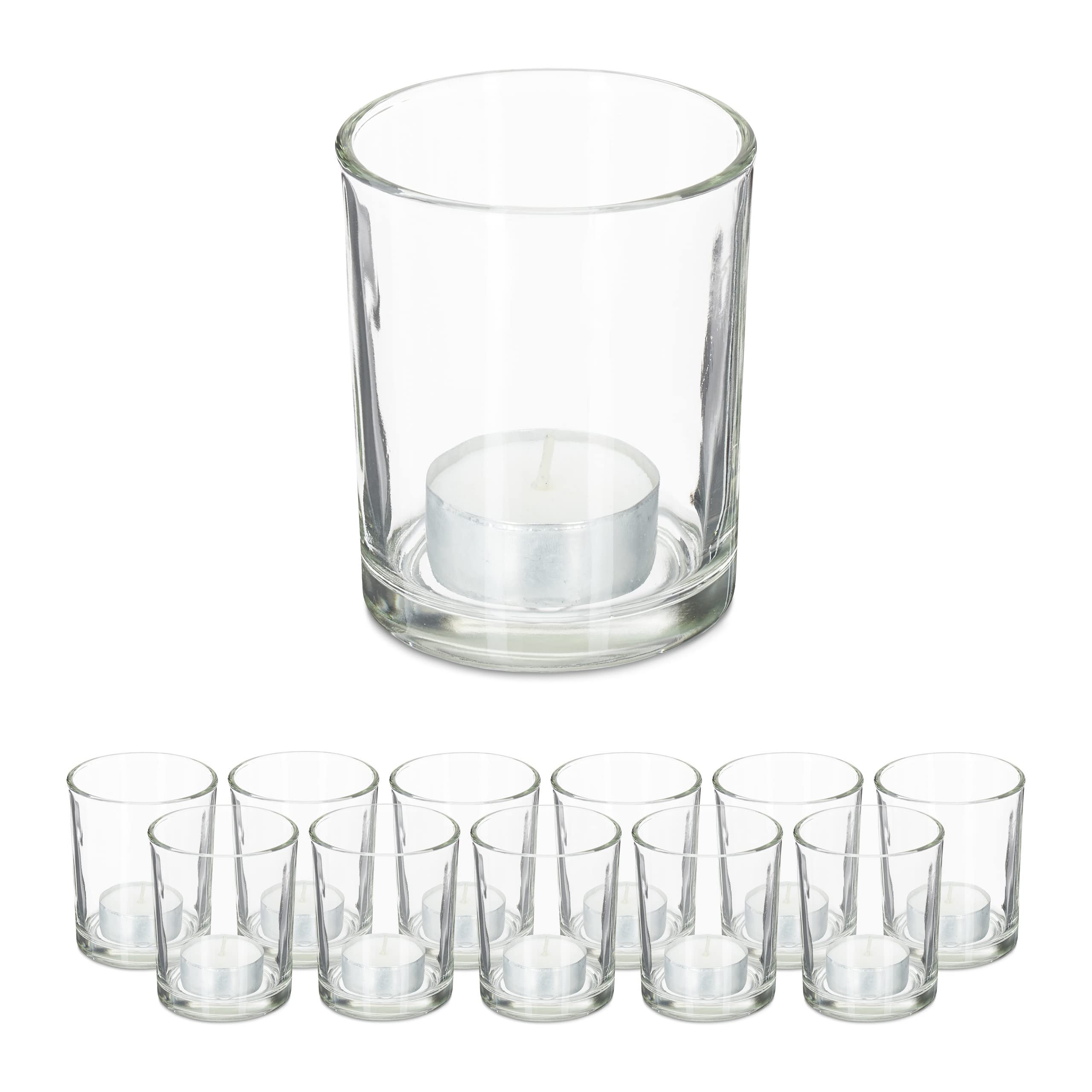 Relaxdays Tealight Holders, Set of 12, Glass Candle Jars, Votive, H x Diam: 8.5 x 7 cm, Decor, Clear