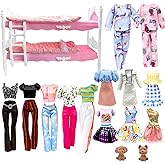 Dolls Clothes and Accessories, Bunk Bed Playset, 2 Pajamas, 2 Fashion Dresses, 2 Clothing Outfits, Bedroome Set for 11.5 inch