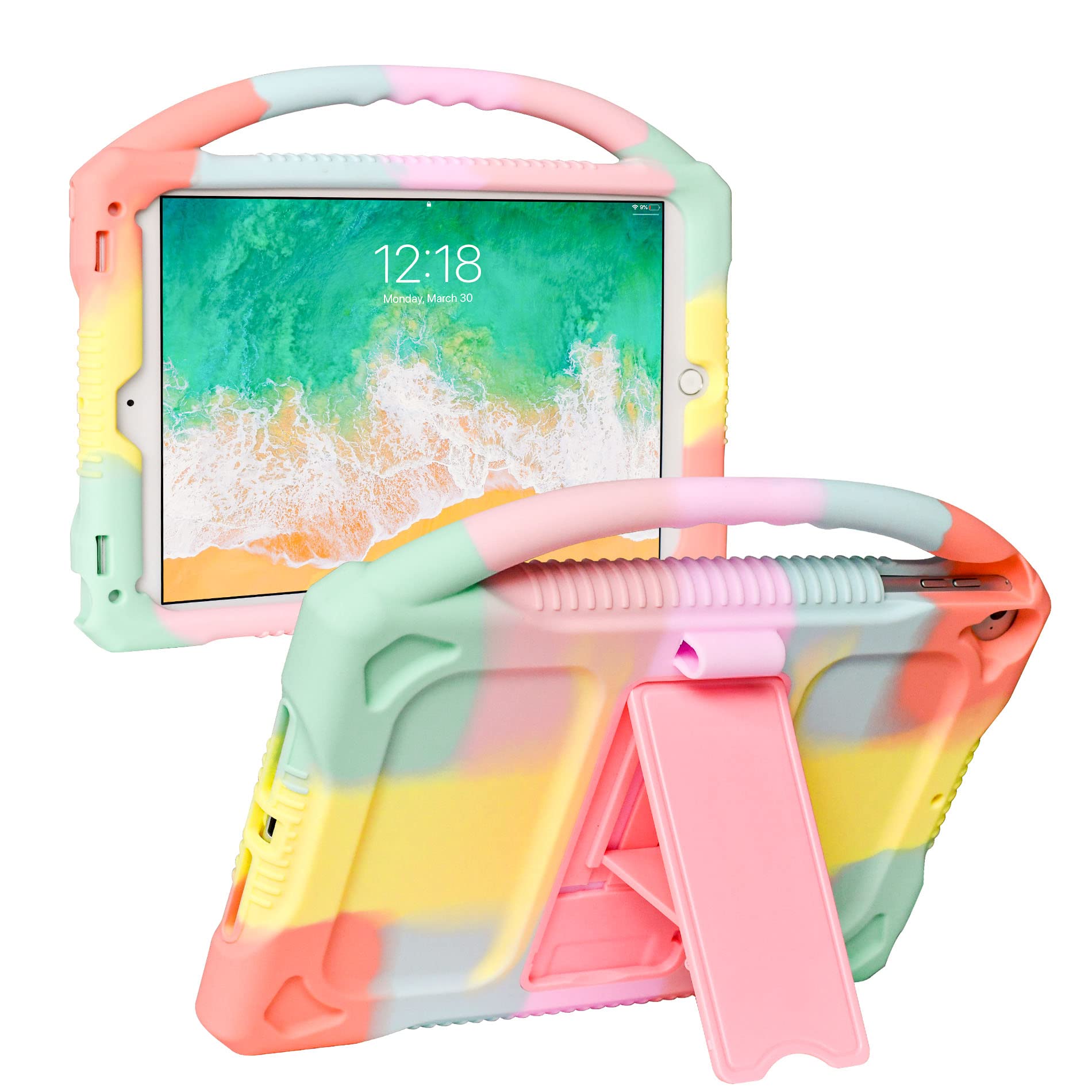 JOGUIIA Kids Case for iPad 6th/5th Generation 9.7",Premium Silicone Cover for iPad 9.7inch 2018/2017,Built-in Stand Handle iPad Air/Air 2(Rainbow)