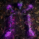 Vmonke Halloween Lighted Skeleton Stakes Outdoor Decor, 5Pcs Light Up Purple 132 LED Skull Groundbreaker, Battery-Operated Waterproof Graveyard Prop with Remote