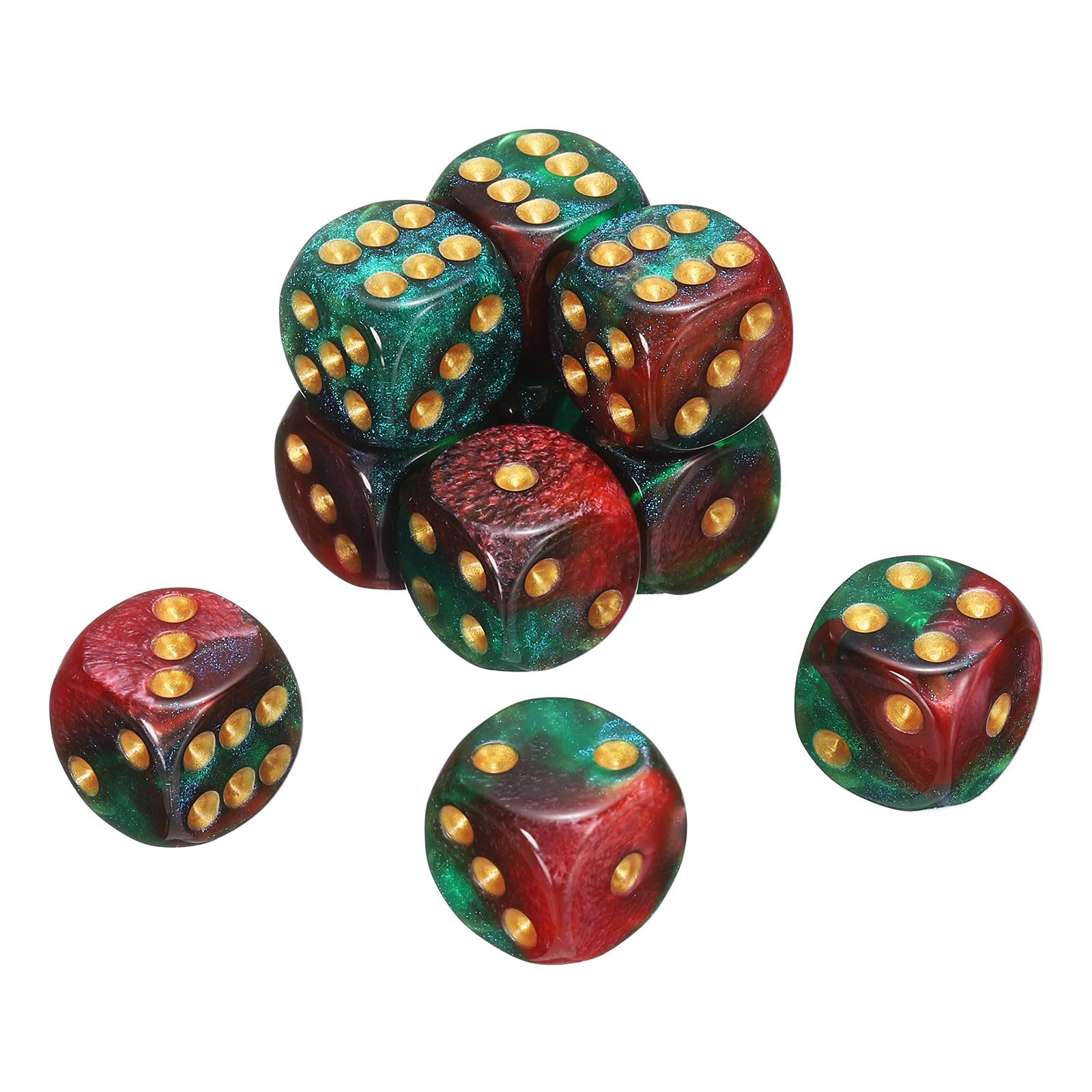 sourcing map 10Pcs 6 Sided Standard Dice, 2 Colors 16mm Acrylic D6 Mini Polyhedral Pearl Pattern Game Dice Set for Table Games, Green and Red/Gold Point โ image 1