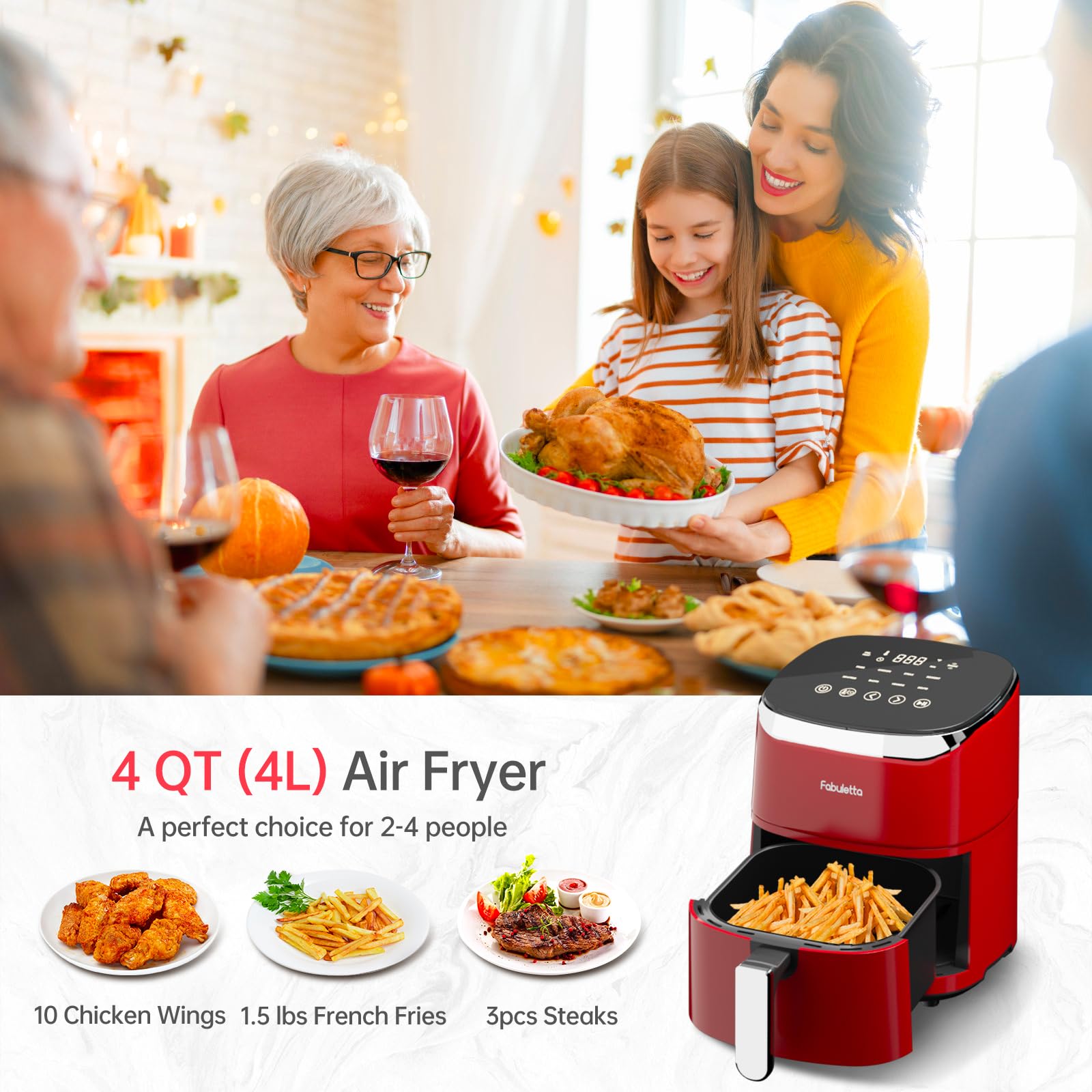 Air Fryers 4 Qt, Fabuletta 9 Cooking Functions Smart Air Fryers, Shake Reminder, Powerful 1550W Electric Hot Air Fryer,Tempered Glass Display, Dishwasher-Safe & Nonstick, Quiet, Fit for 2-4 People