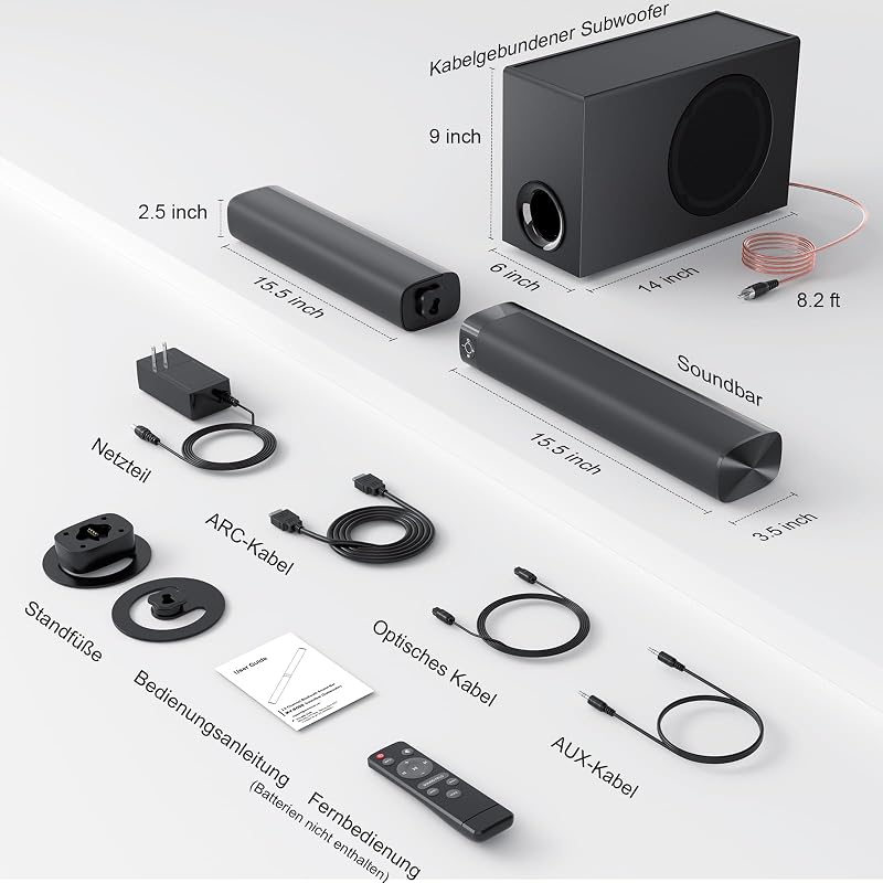 Soundbar mit Subwoofer, 110W Surround Sound System mit Deep Bass&Auto Volume Boost&3 EQ Modi, Bluetooth 5.3/ARC/Opt/AUX, Standlautsprecher für Fernseher/PC/Projector, 1 Set — Foto 8 von 8