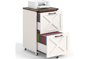 Halitaa 2 Drawer Small File Cabinet with Wheels, Farmhouse Vertical Filing Cabinet Fits A4/Letter Size, Under Desk Rolling File Cabinets for Home Office, Wooden Printer Stand, Rustic White