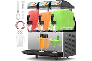 MOJGAR 45L 110V Commercial Slushy Machine with LED Light, 15L×3 Tanks Commercial Frozen Drink Machine, Stainless Steel Margarita Slushie Maker, Quick Making,for Wine Cocktails, Daiquiri Juice