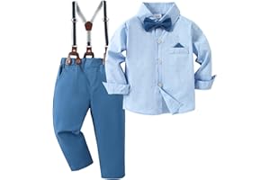 CARETOO Toddler Boy Clothes Suit Gentleman Wedding Outfits Kids Formal Dress Shirt Bowtie Long Suspender Pants Overalls 1-5T