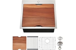 EcoChannels Kitchen Sink, 21 x 20 x 10 Drop in Kitchen Sink 16 Gauge Stainless Steel Kitchen Sinks Single Bowl Workstation Sink with Cutting Board