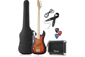 Davison Guitars Left Handed Electric Bass Guitar with 15-Watt Amp, Sunburst - 4 String Full Size Beginner Kit with Gig Bag and Accessories