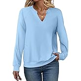 EADINVE Womens Casual Sweatshirts Long Sleeve V Neck Fleece Pullover Side With Pocket Cute Loose Fit Fall Tops 2025