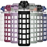 Ferexer 32oz/22oz Glass Water Bottle with Straw Handle Flip lids, leakproof, BPA free, Borosilicate Glass Bottles, with Protective Non-Slip Silicone Sleeve Sports Glass Drinking Bottles Black