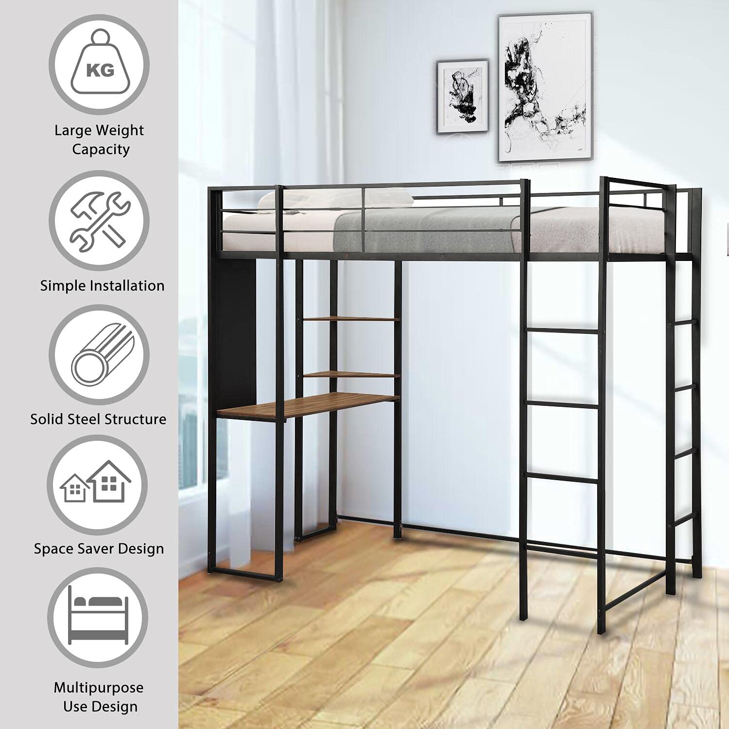 Metal Loft Bed With Desk And 2 Shelves Twin Full Loft Bed Frame For Kids Adults Twin Black Amazon In Furniture Metal Loft Bed With Desk And Shelves
