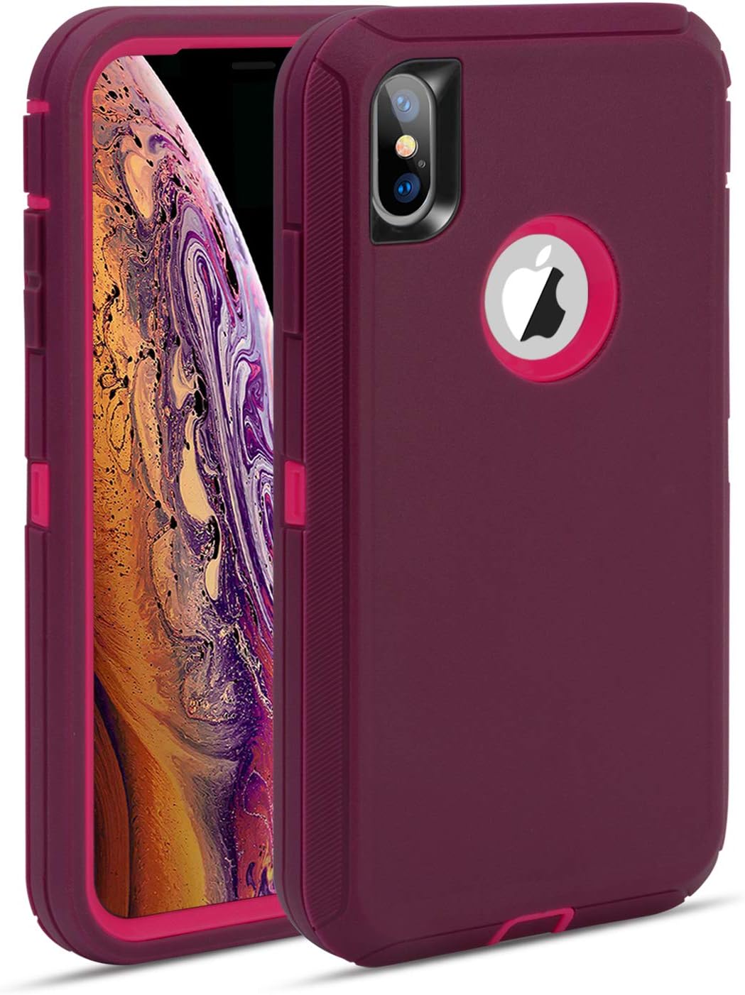 MAXCURY Phone Case for Apple iPhone Xs Max, Heavy Duty Tough 3 in 1 Rugged Shockproof Cover for Apple iPhone Xs Max in 6.5 Inch (Burgundy/Fuchsia)