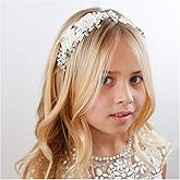 SWEETV Flower Girl Headpiece Ivory Tulle Flowers Wedding Headband for Girls, Princess Pearl Hair Accessories for Birthday Party, First Communion