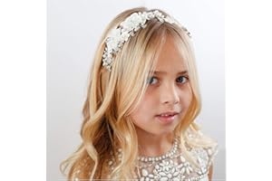 SWEETV Flower Girl Headpiece Ivory Tulle Flowers Wedding Headband for Girls, Princess Pearl Hair Accessories for Birthday Party, First Communion