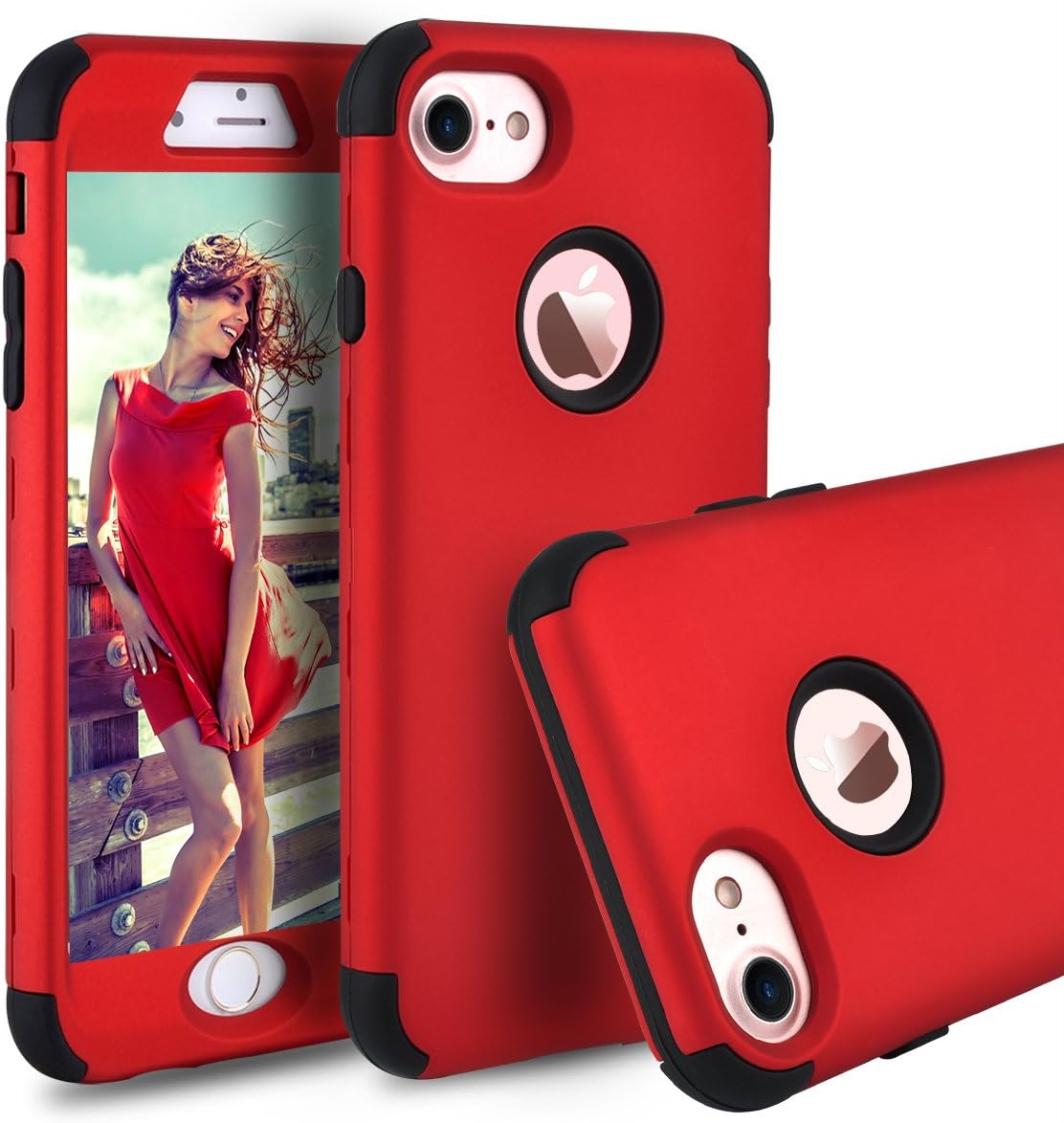 iPhone 7 Case,iPhone 8 Case,Power J Three Layer Heavy Duty Shockproof High Impact Resistant Hybrid Full Body Protective Case for iPhone 7 & iPhone 8 4.7" (Red)