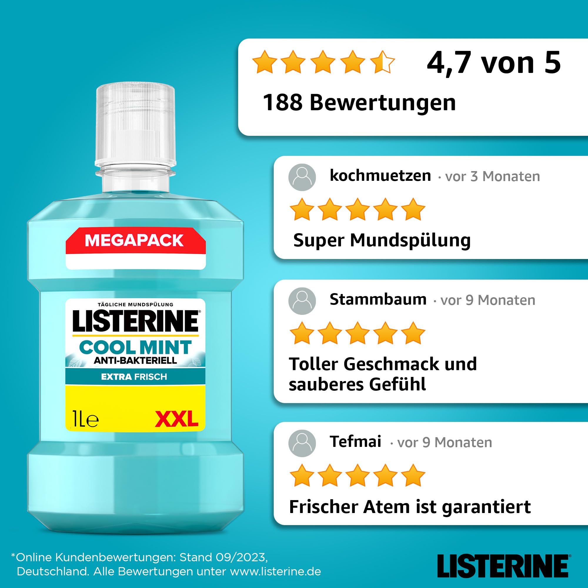 LISTERINE Cool Mint Mundwasser 1000 ml, antibakterielle Mundspülung mit ätherischen Ölen und intensivem Minzgeschmack, Zahnpflege-Spülung reduziert Zahnbelag und bekämpft wirksam Mundgeruch 6