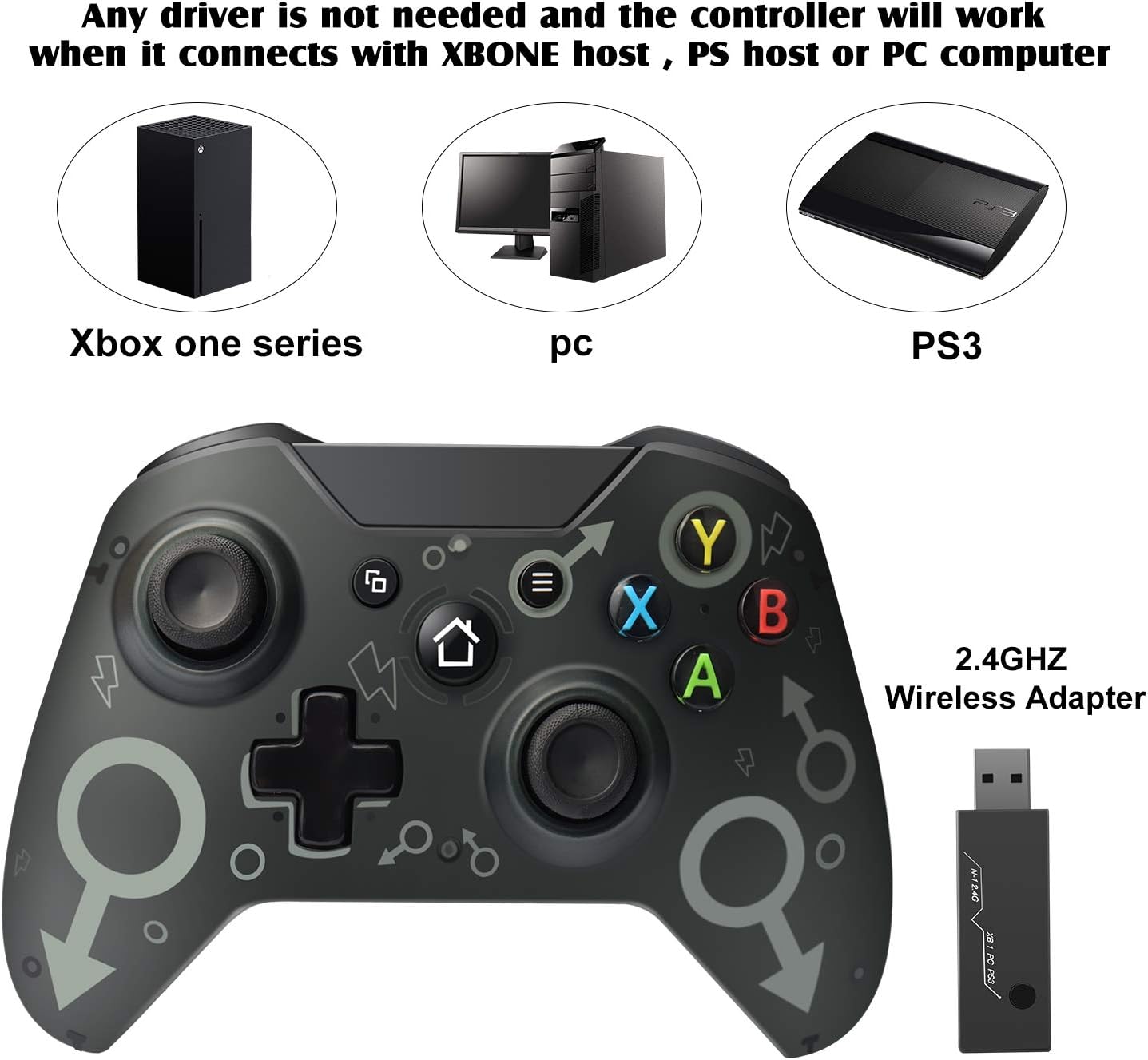 [2020 Newest Version] Xbox One Wireless Controller, W&O Wireless PC Gamepad with 2.4GHZ Wireless Adapter, Compatible with Xbox One/One S/One X/P3 Host/Windows 7/8/10 (Black): Computers & Accessories