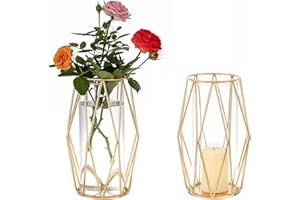 BIGSEE 2Pcs Gold Pillar Hurricane Candle Holders, Clear Glass Candleholders with Geometric Metal Rack Stand, Decorative Cylinder Vases for Dining Table Centerpieces, 8.5"