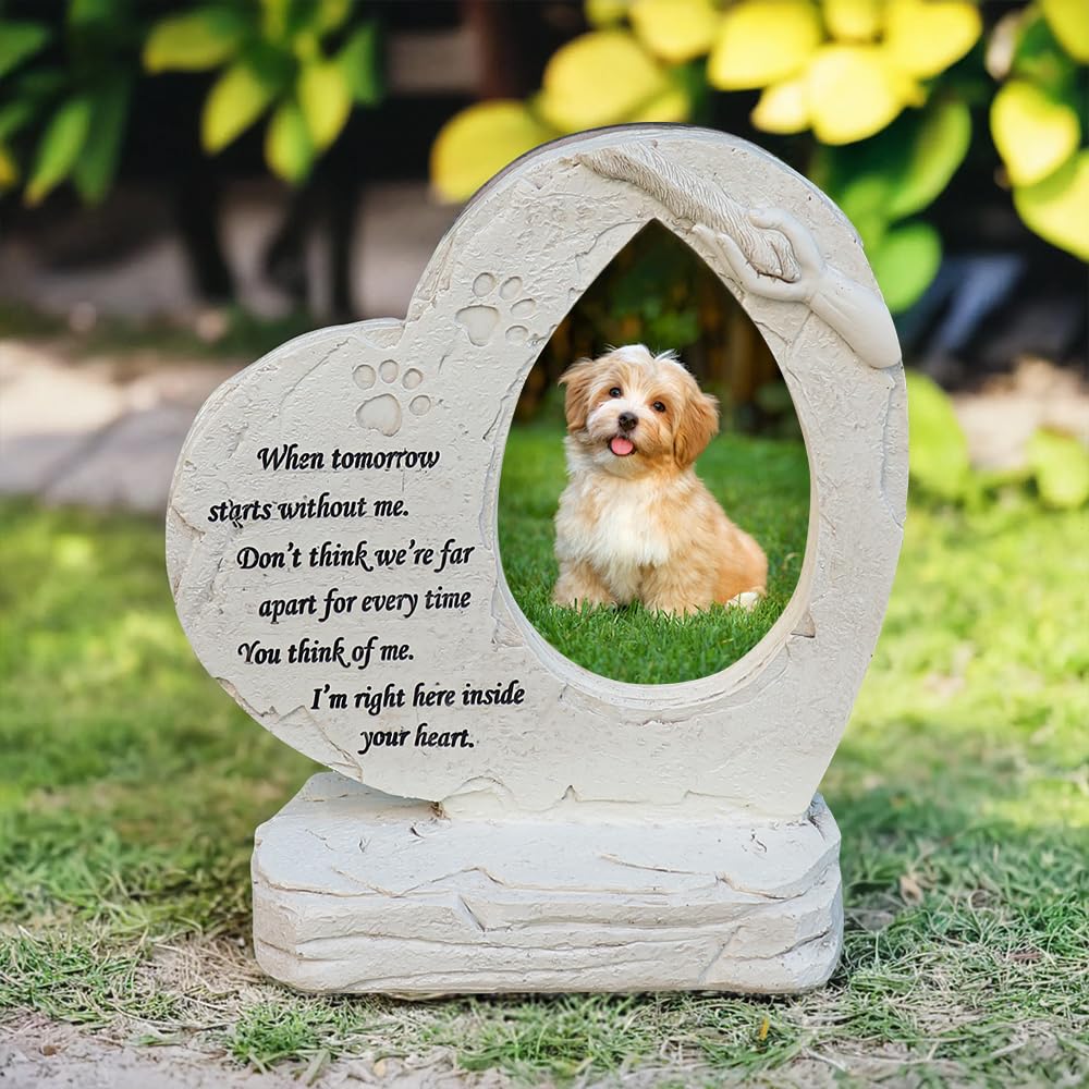 jinhuoba Heart Shaped Pet Dog Memorial Stones with Photo Frame, Pet Dog Garden Stones Grave Markers Headstones Sympaty Memorial Gifts Loss Gifts Outdoor or Indoor