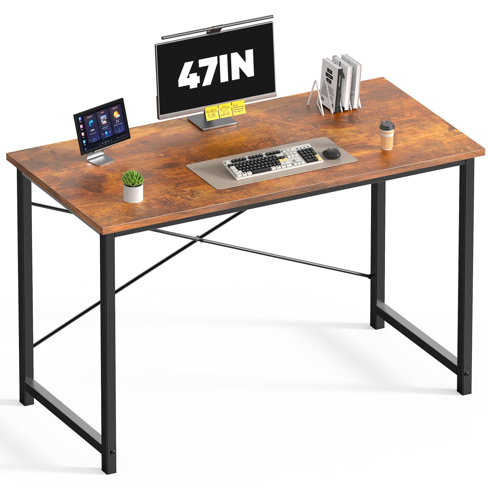 DUMOS 47 in Small Computer Desk for Home Office, Modern Study Work Table Simple Style for Bedroom, Writing Desks with X-Shaped Reinforcement, Wood Brown Image