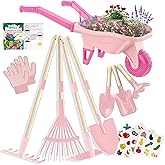 Qtioucp Kids Gardening Tools Outdoor Toys Set Backyard Play with Wheelbarrow Educational STEM Learning Pretend Toys Outdoor Indoor for Toddlers Kids Boys Girls