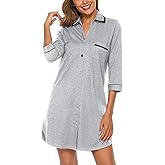 COLORFULLEAF Women's 100% Cotton Nightgowns 3/4 Sleeve V-Neck Sleep Shirt Soft Button Down Pajama Dress