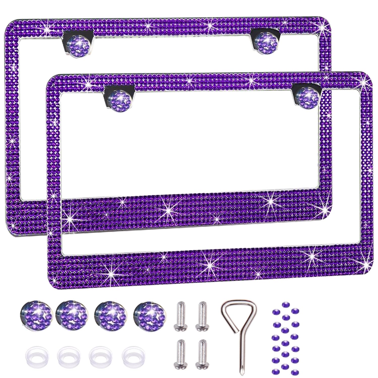 Photo 1 of 2 Pack License Plate Frames for Women, Sparkly Rhinestone Diamond Car Accessories with Glitter Crystal Caps (Violet?2PCS?)