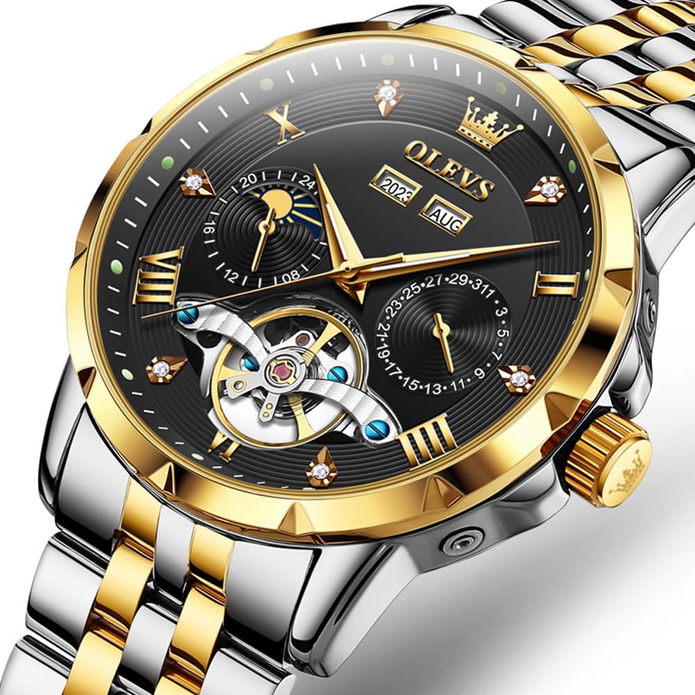 OLEVS Men's Mechanical Wristwatch, Automatic Winding, Moon Phase, Stylish, Skeleton, Waterproof, Popular, Luminous Watch for Men, Black & Gold