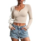 Stelle Cropped Henley Shirts for Women Long Sleeve V-Neck Shirt Ribbed Tops Knit Button Slim Fitted Blouse