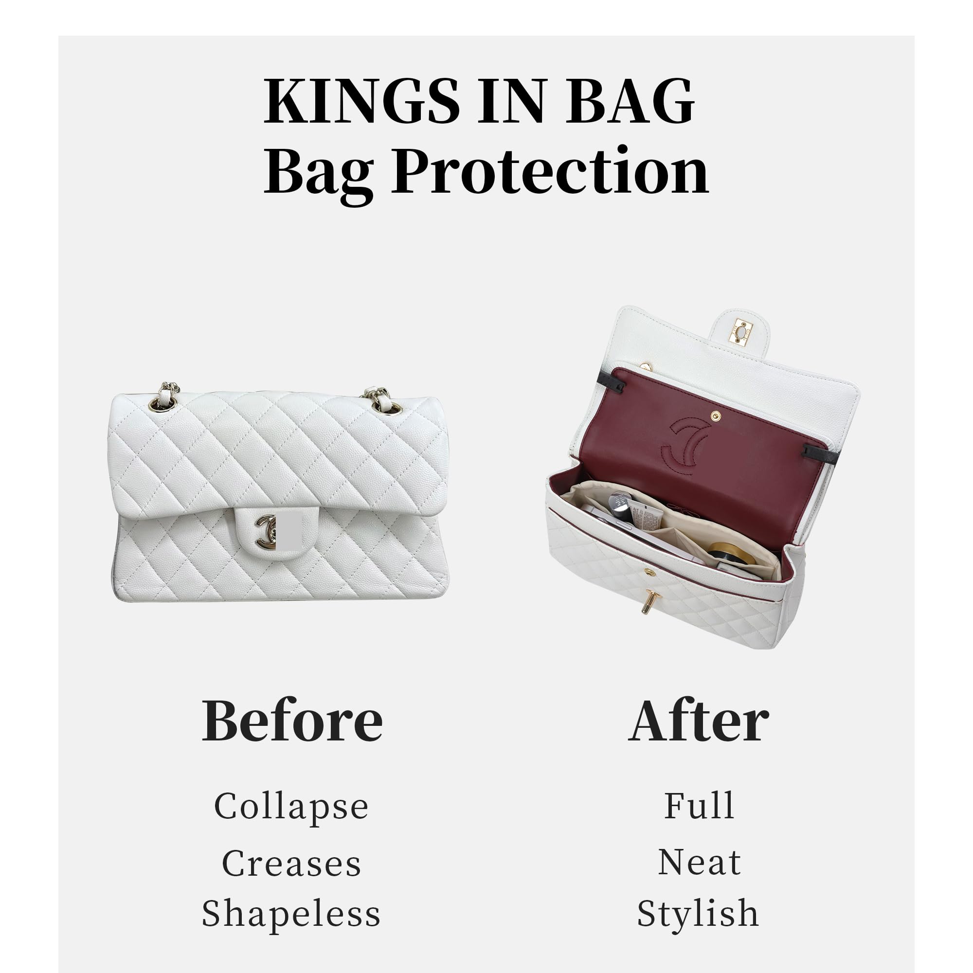 KINGS IN BAG Classic Bag Organizer Insert, Compatible with Chanel Classic Flap Mini 20, Lightweight Insert for Chanel Flap Bag (Black)