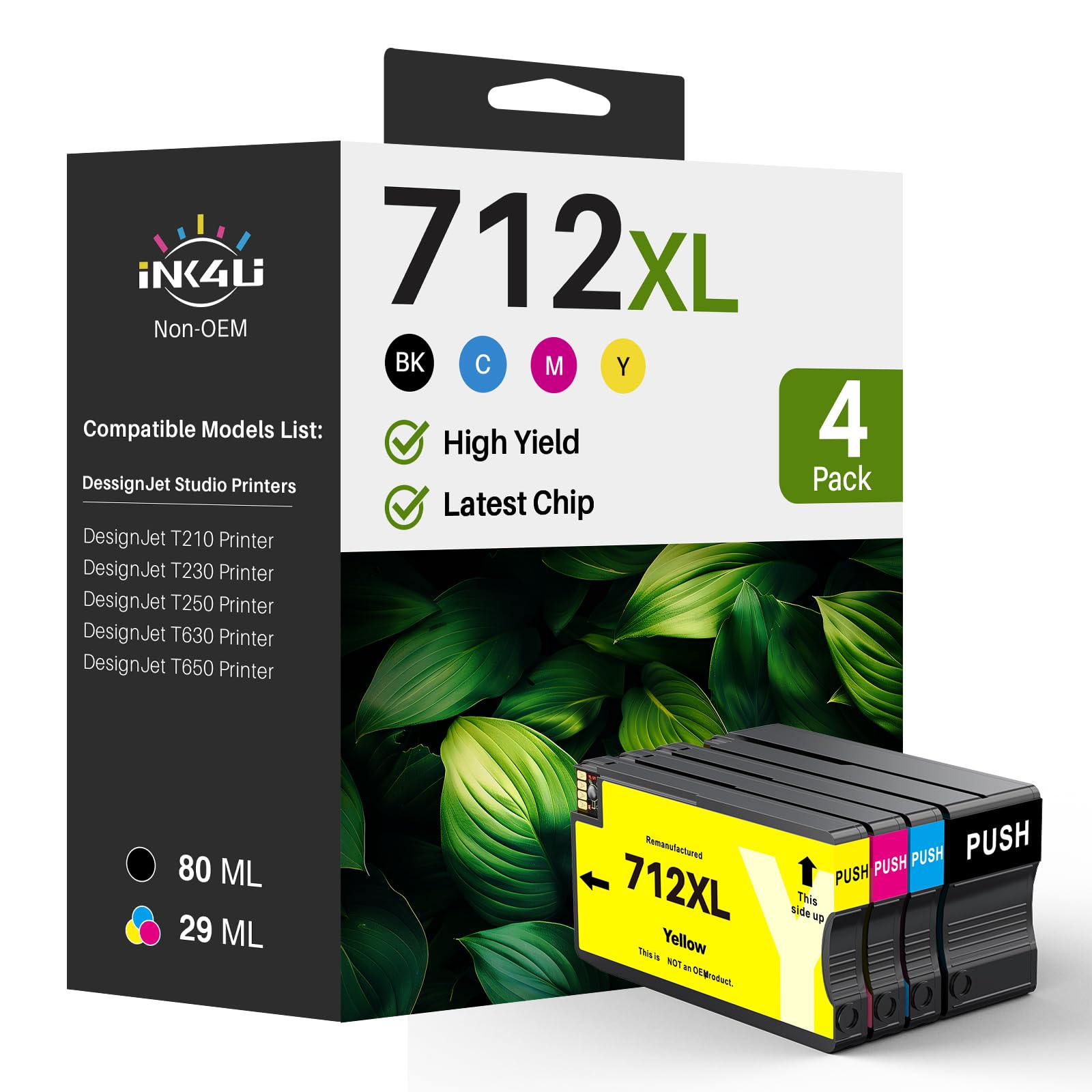 Photo 1 of 712XL 712 Ink Cartridges High Yield Replacement for 712 DesignJet Ink Cartridge 712XL 712 Black and Color for HP DesignJet T210 Ink T650 T630 T250 T230 Printer (4 Pack, 1BK/1C/1M/1Y)