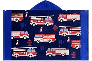 BANGSAUR Kids Hooded Beach Towels, 100% Cotton 50x30 inches Bath Pool Towel Wrap, Toddlers Boys 3-12 Years Coverup Fire Truck