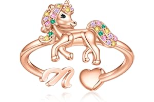 EXQUJEW Unicorn Initial Rings for Teen Girls, Rose Gold/White Gold Plated Heart Initial Rings for Girls Adjustable Stackable Rings for Women Diny Heart Ring for Teen Girls Gifts Unicorns Gifts for Girls