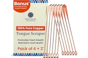 NATRUVEDA 100% Pure Copper Tongue Scraper – Limpiador de Lengua Raspador for Adults & Kids | Metal Tongue Cleaner for Fresh Breath | Reusable Ayurvedic Tongue Scraper | Tongue Cleaning Tool (6 Pack, USA Seller)