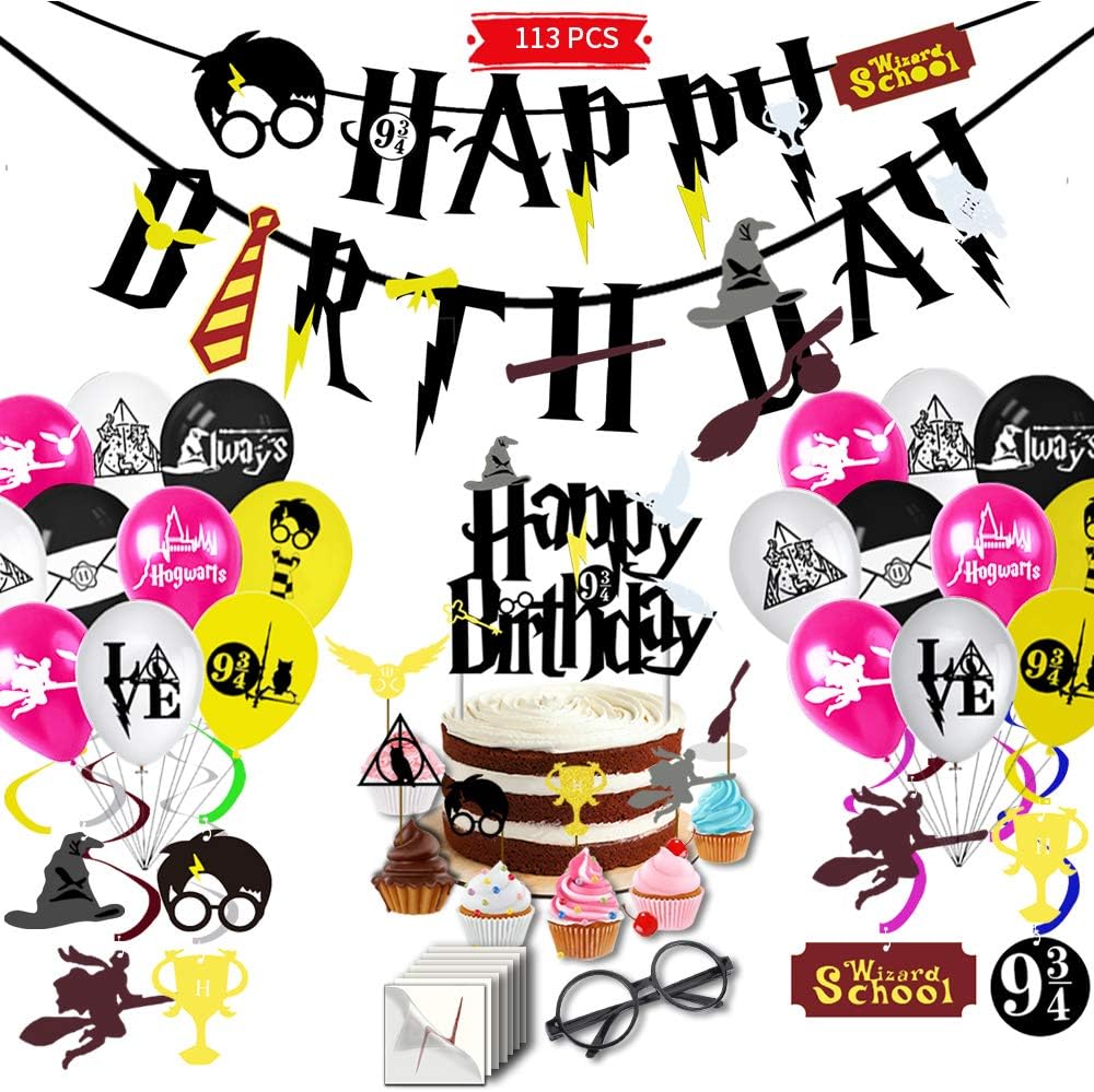 YoHold Wizard Glasses and Tattoos, Cake and Cupcake Toppers, Wizard Happy Birthday Banner, Wizard Balloons and Hanging Swirls for Various of Wizard Party Supplies Decorations; 113 Pcs in All