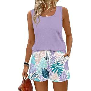 Rikbuig Two Piece Sets for Women Summer Square Neck Tank Tops Beach Shorts Matching Lounge Sets Hawaiian Vacation Outfits