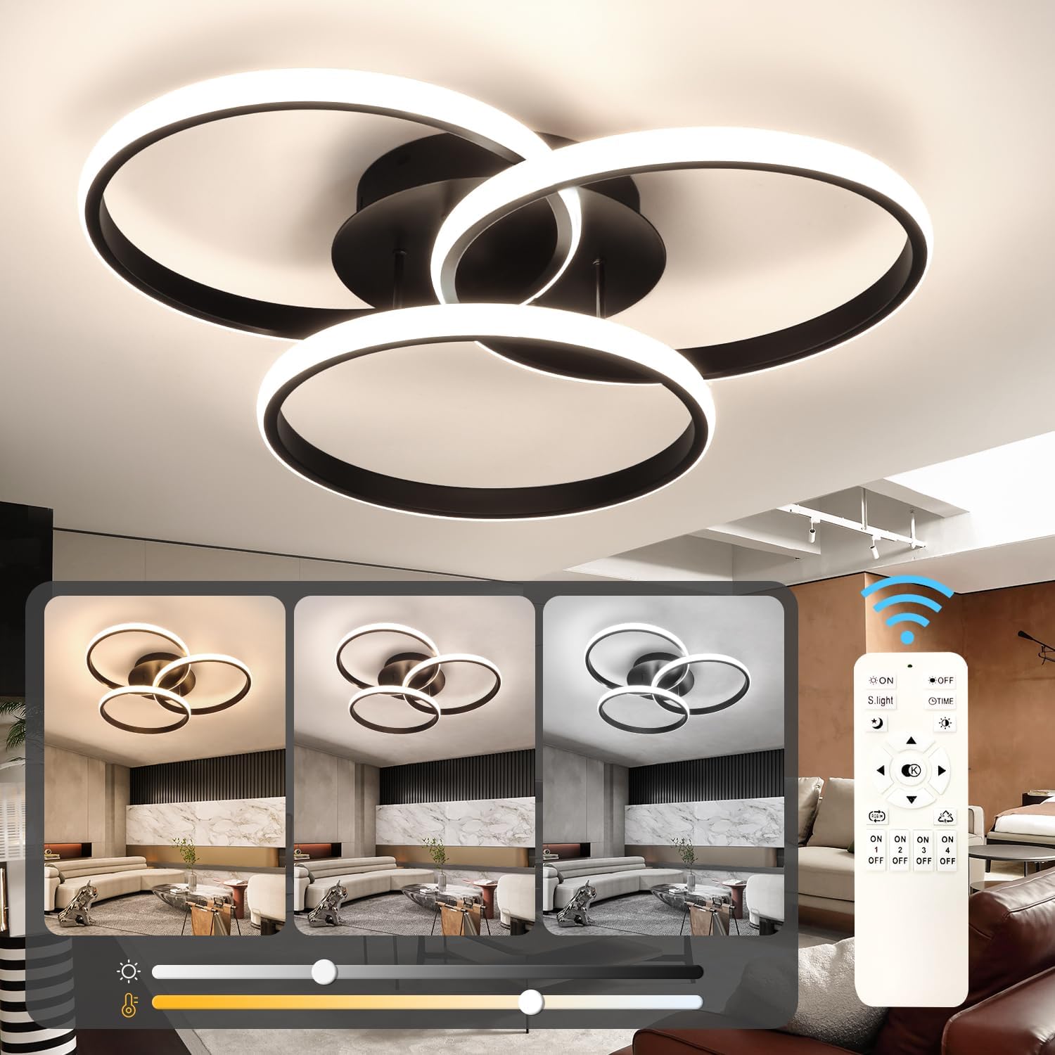 EIDISUNY Modern Ceiling Light LED, 48cm 45W Black LED Dimmable Ceiling Lights Fixtures with Remote Control, 3000K-6500K, Round Ceiling Lamp for LivingRoom DiningRoom Bedroom Kitchen Hallway - 45W