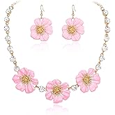 BriLove Shiny Bling Rhinestones Enamel Flower Statement Collar Necklace Hook Dangle Earrings Set for Women Summer Beach Holiday Costume Prom Jewelry