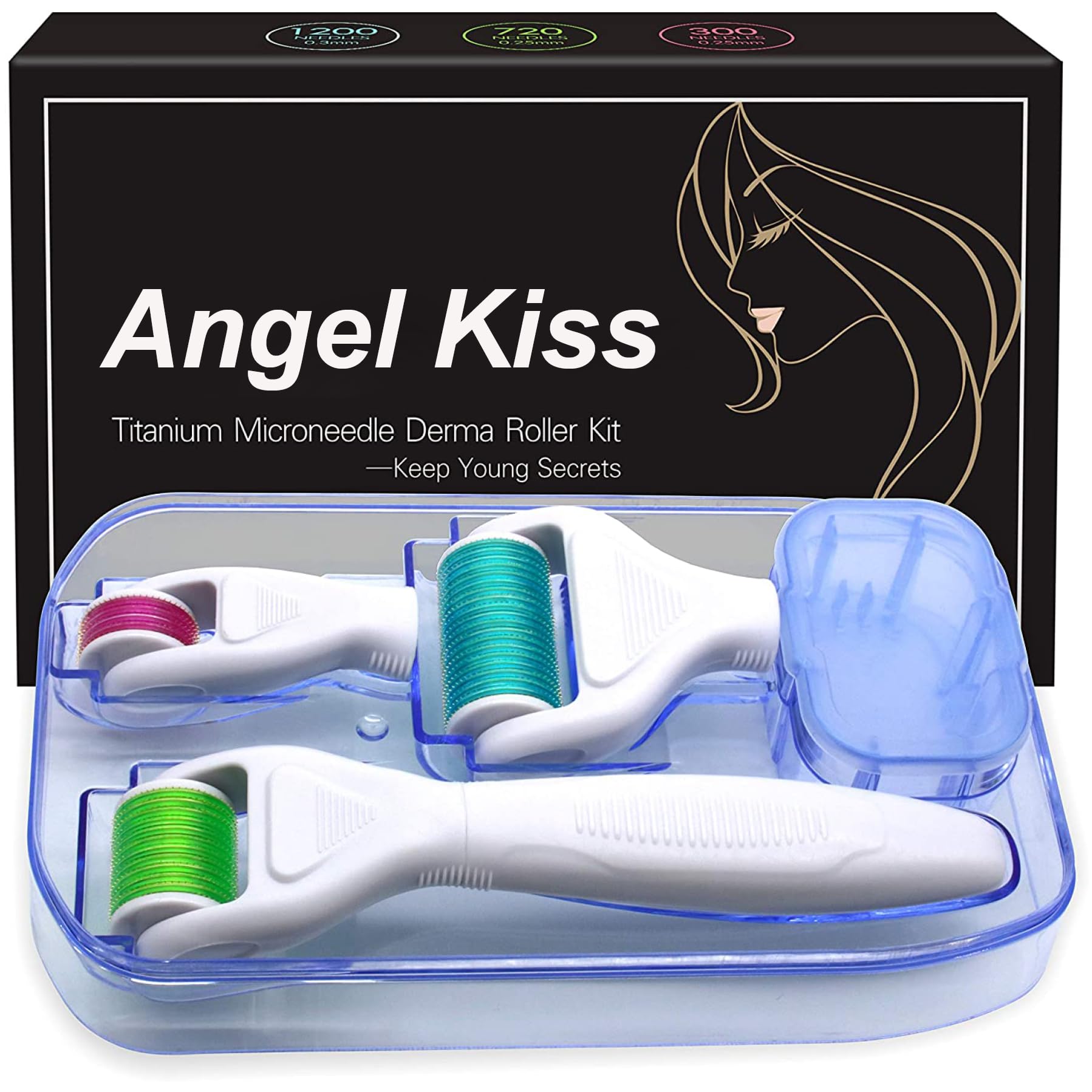 Derma Roller for Face Body Hair Beard- Angel Kiss 4 in 1 Titanium Microneedling Roller Kit Micro Needle Roller,300 Needles 0.5mm,720/1200 Needle 1.0mm Microneedle Roller
