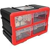 Performance Tool W5911 4-Drawer Interlocking Storage Bin | Workshop and hardware storage. Stackable interlocking design. Transparent drawers. Impact resistant construction