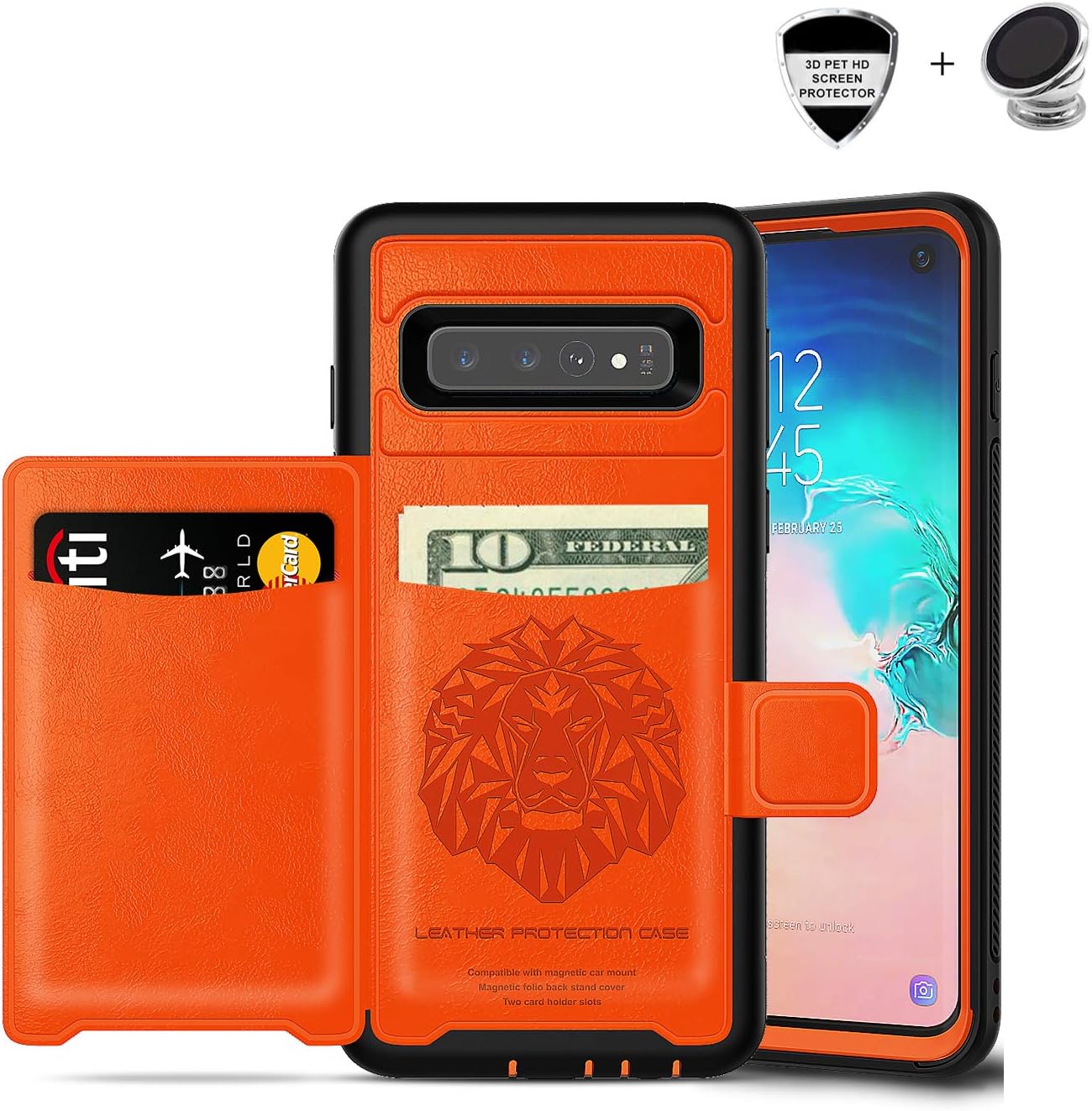 Galaxy S10 Plus Case, Sumsung S10 Plus Wallet Card Slots Holders Kickstand Flip Cover Bumper PU Leather TPU Rubber Hard Magnetic Slim Shockproof Durable Shockproof Protective Case Cover (Orange)