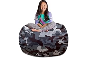 Posh Creations Kids Stuffed Animal Storage Bean Bag Chair Cover - Childrens Toy Organizer, X-Large-48in, Nylon Camo Dark and Black Gray