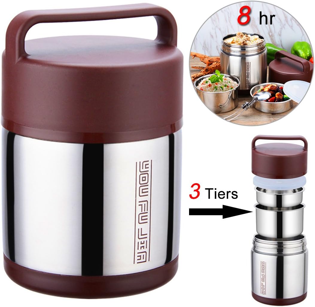 Vacuum Insulated Lunch Box Food Carrier Bento Box Thermal Insulating Stainless Steel Lunch Containers Hold Warm for 8 Hours with Folding Spoon, 1.6L
