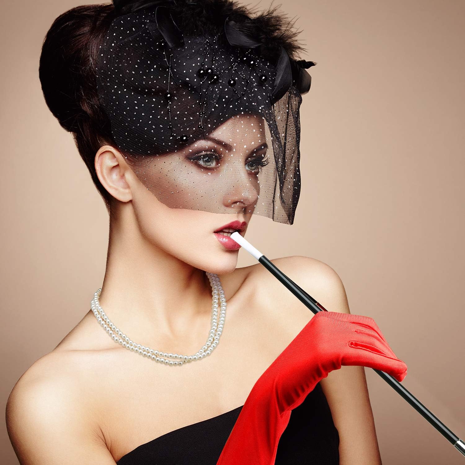 1920s Accessories Costume Fancy Dress Plastic Holder Pearl Beads Long Gloves Set (Red): Clothing