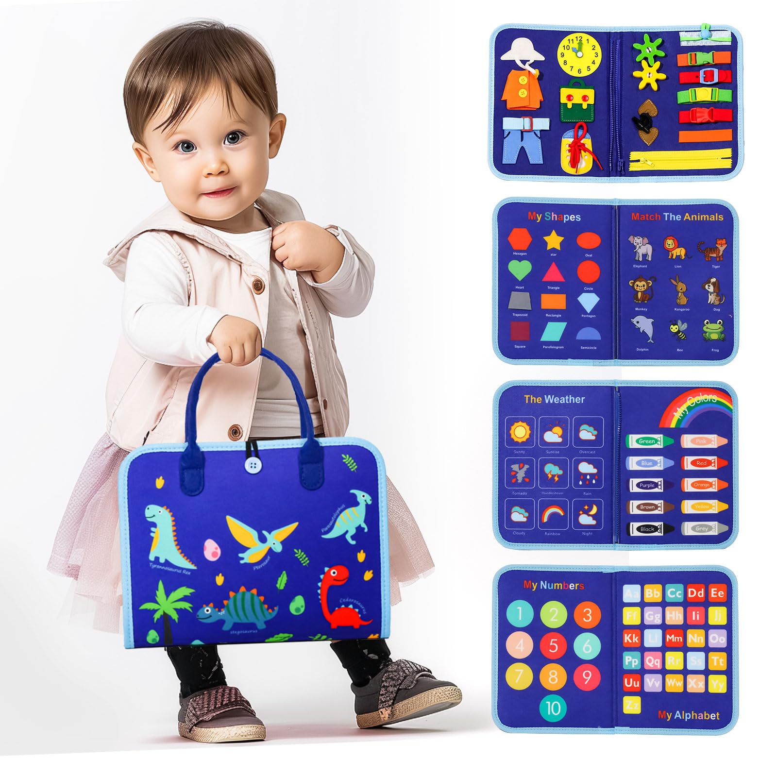 EVERGD Busy Board Montessori Educational Activity Sensory Board Preschool Learning Fine Motor Skills, Dinosaur Theme, Travel Toy for Plane Car